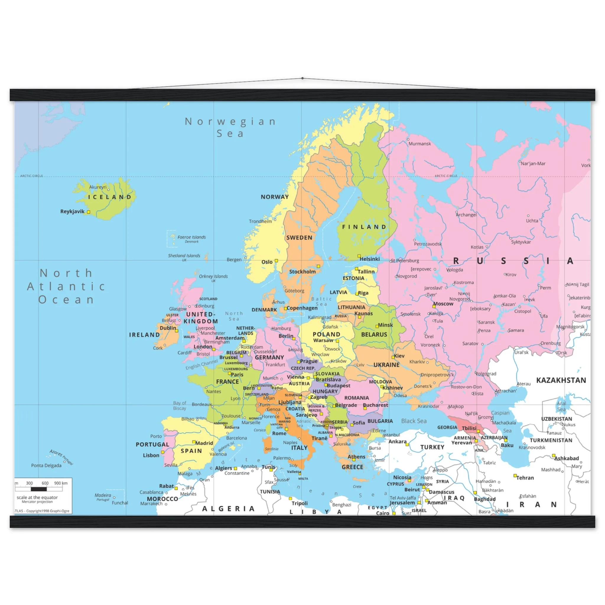 A detailed political wall map of Europe featuring colorful countries, major cities, and a black wooden hanging frame.