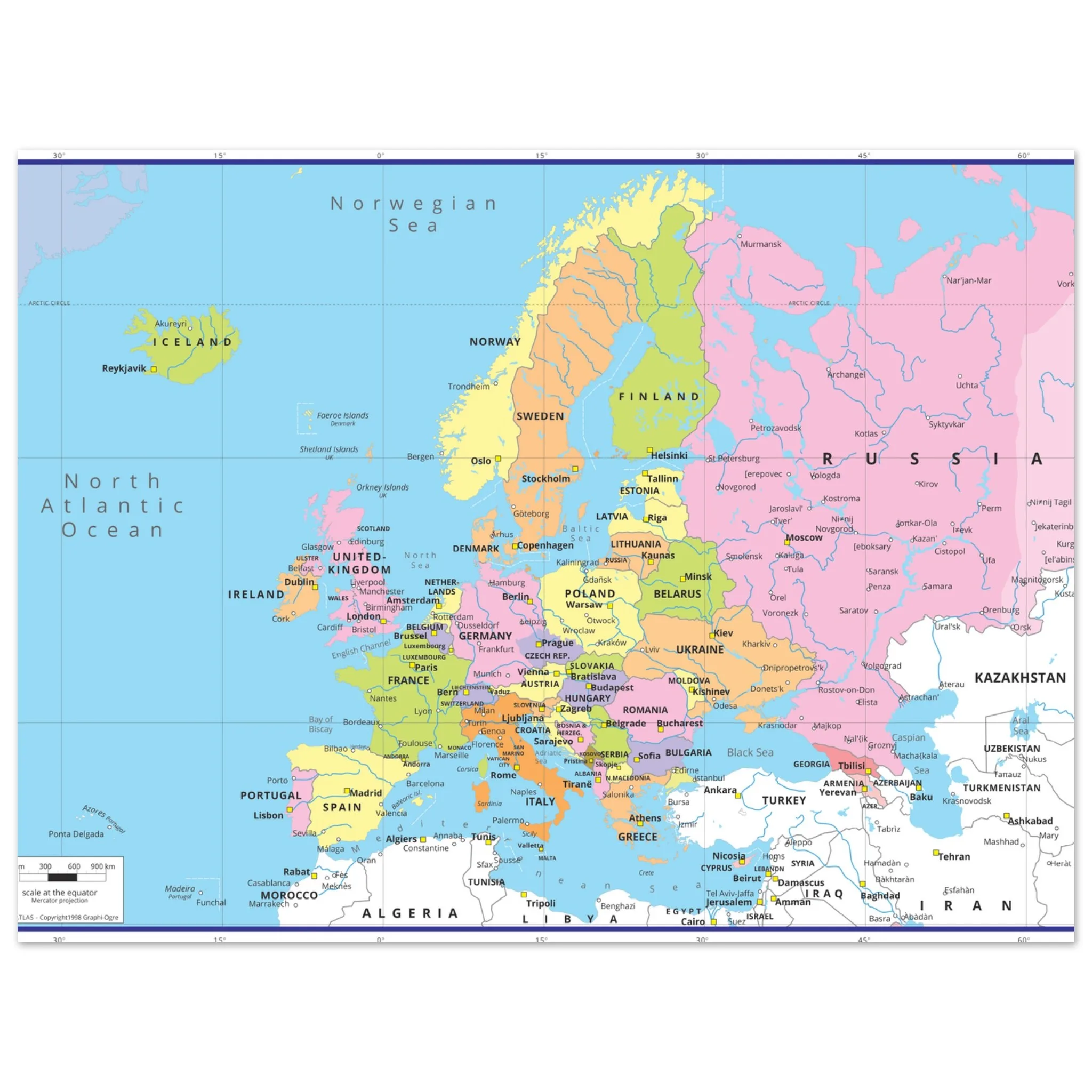 A colorful political wall map of Europe showing national borders, major cities, and surrounding seas on a grid.