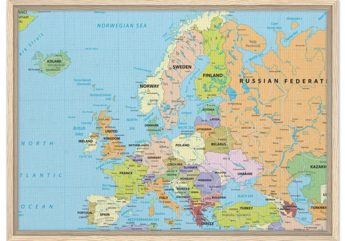Political map of Europe showing countries, capitals, borders, and major cities. Political map of Europe showing countries, capitals, borders, and major cities.