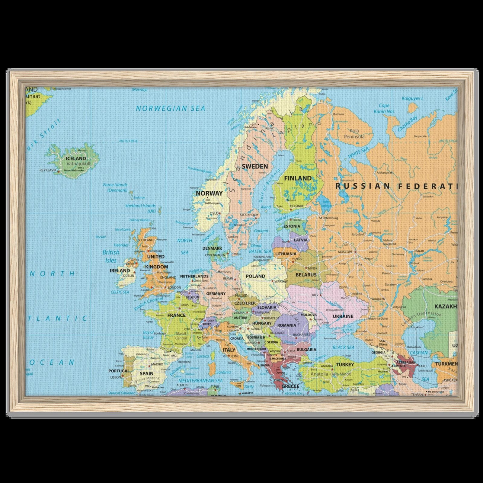 Political map of Europe showing countries, capitals, borders, and major cities.