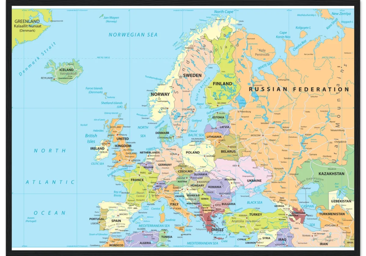 Political map of Europe showing countries, capitals, borders, and major cities. Political map of Europe showing countries, capitals, borders, and major cities.