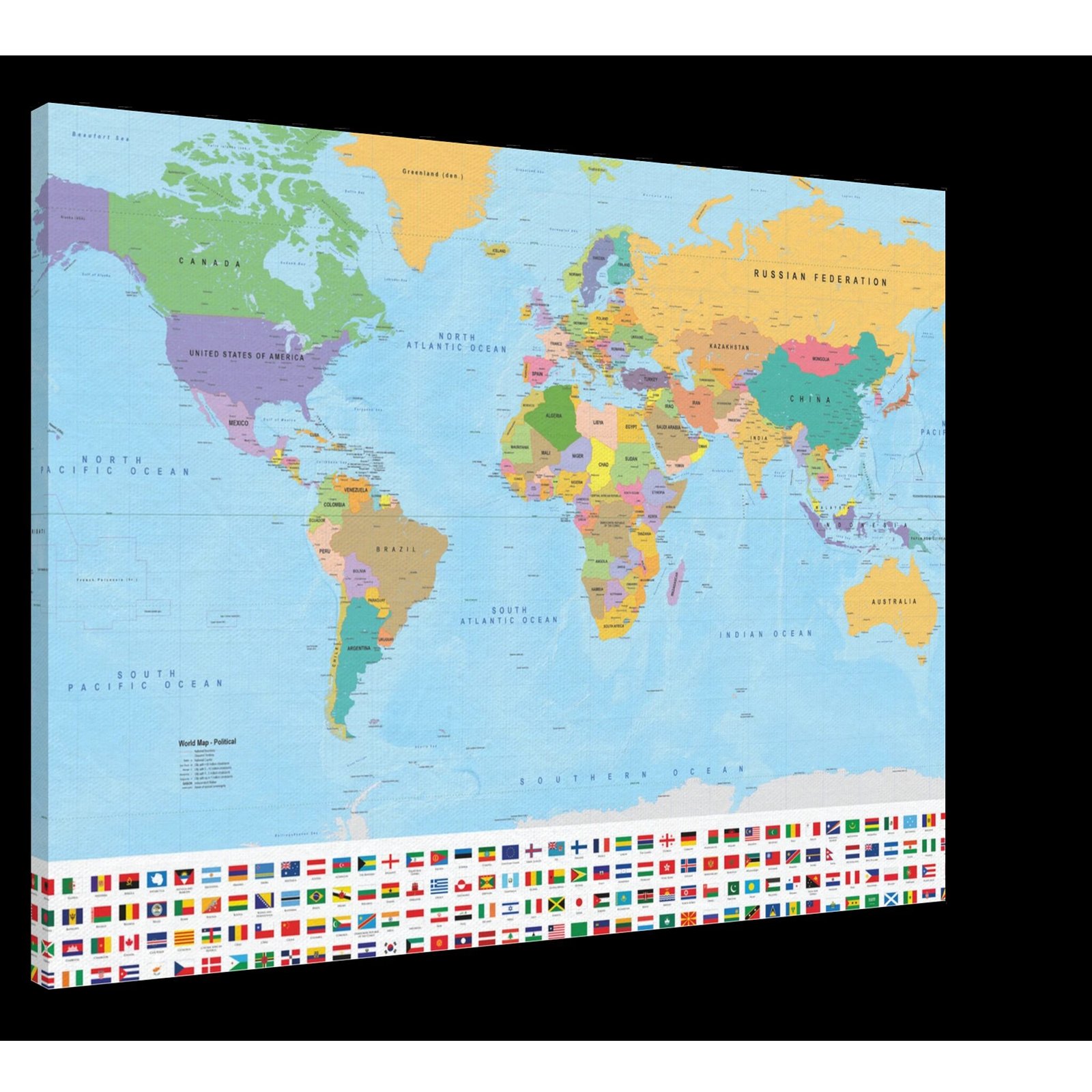 0a328e82-dbe4-49f6-9426-92674fb2fc6d-webp.jpg A canvas wall art print of a detailed political world map with a colorful row of international flags at the bottom.