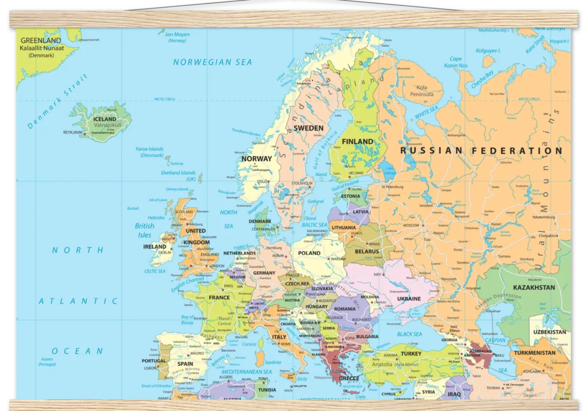Political map of Europe showing countries, capitals, borders, and major cities. Political map of Europe showing countries, capitals, borders, and major cities.