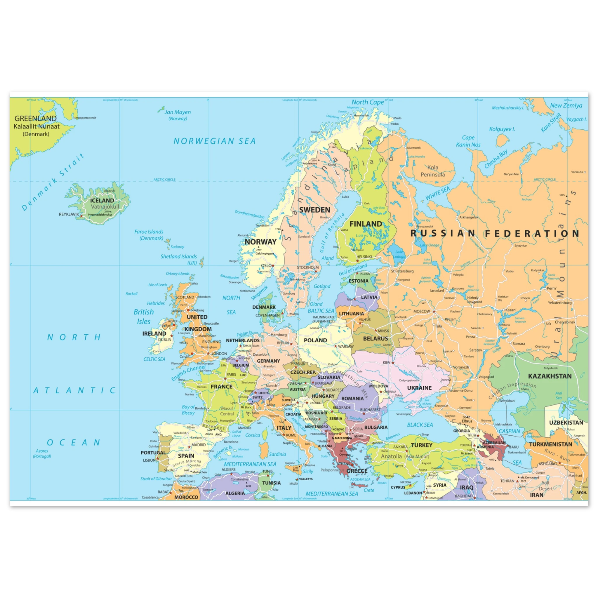 Political map of Europe showing countries, capitals, borders, and major cities. Political map of Europe showing countries, capitals, borders, and major cities.