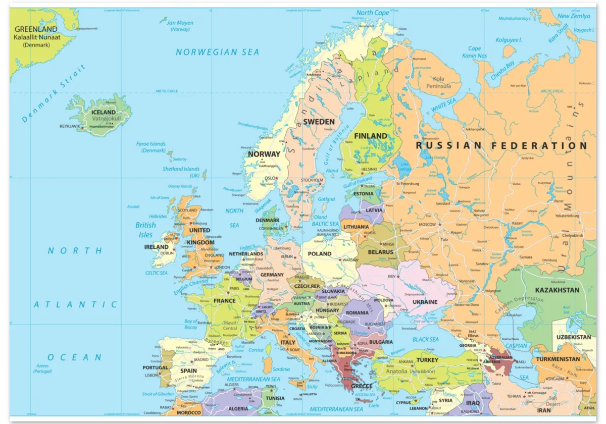 Political map of Europe showing countries, capitals, borders, and major cities. Political map of Europe showing countries, capitals, borders, and major cities.