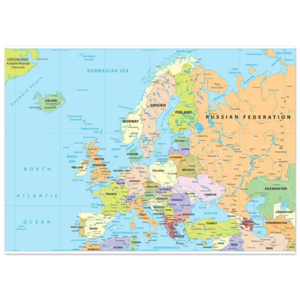 Political map of Europe showing countries, capitals, borders, and major cities.
