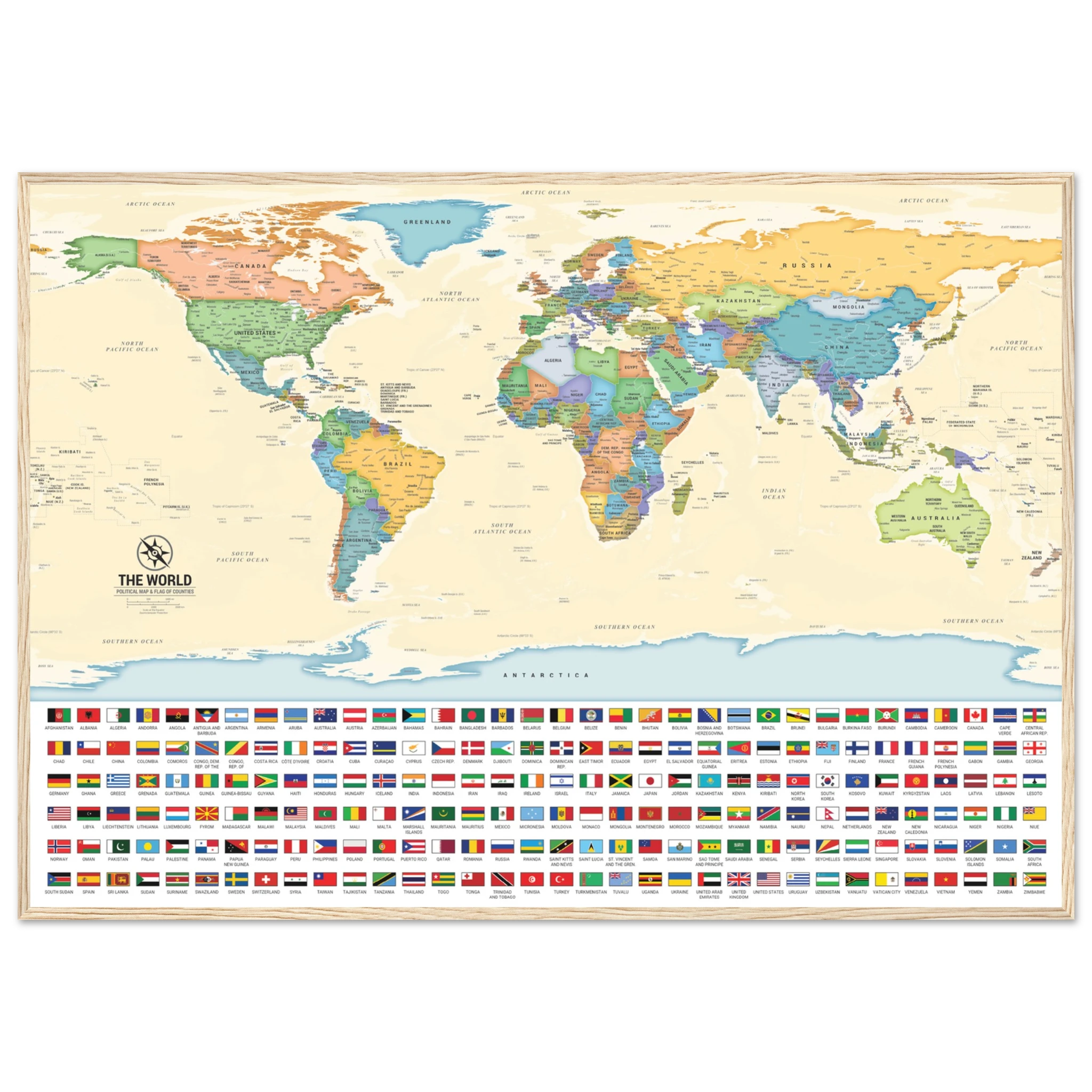 113a4036-8767-47a7-badd-bf9a966386c7.webp A framed world political map with colorful national flags arranged in rows at the bottom on a light background.