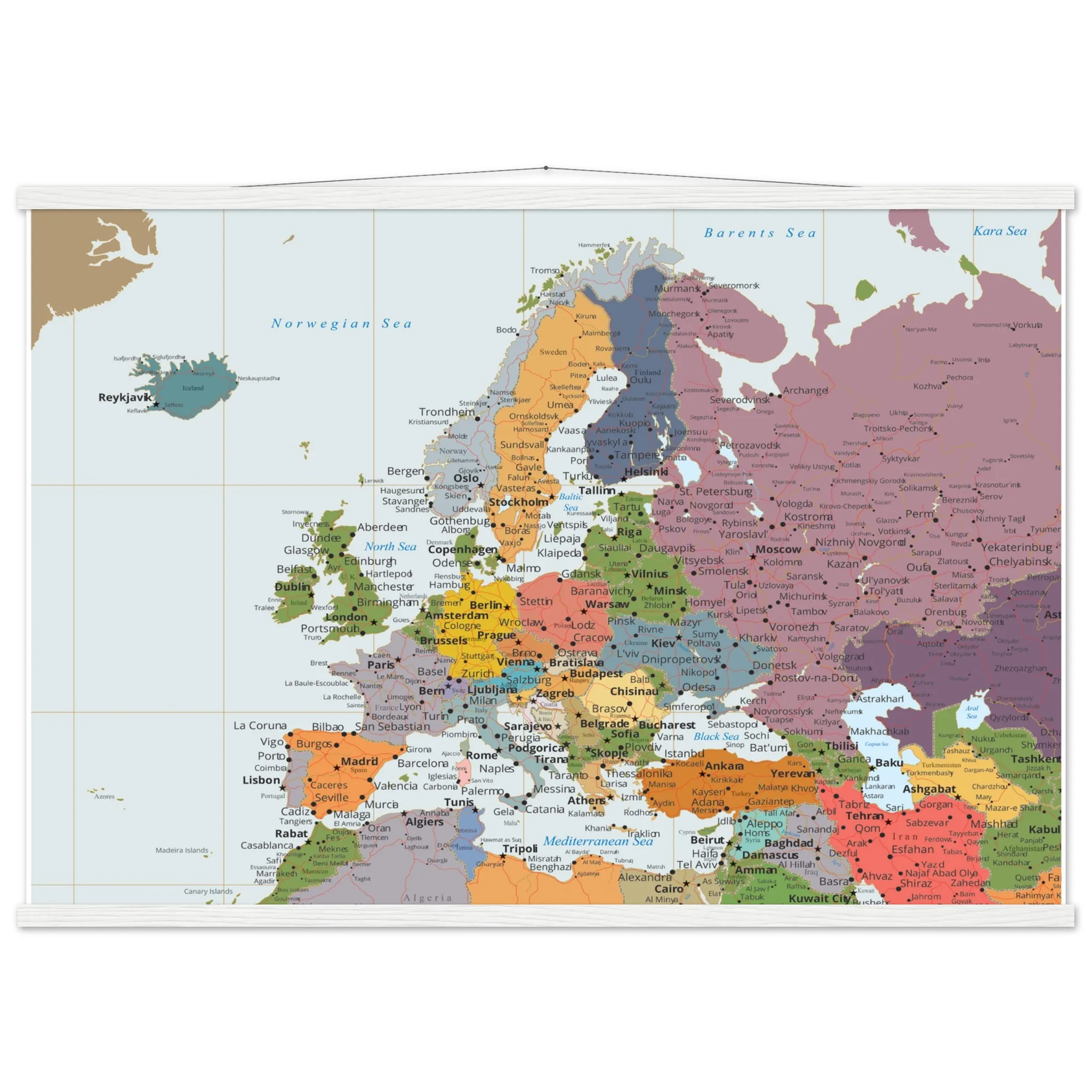 Political map of Europe showing countries, capitals, borders, and major cities.