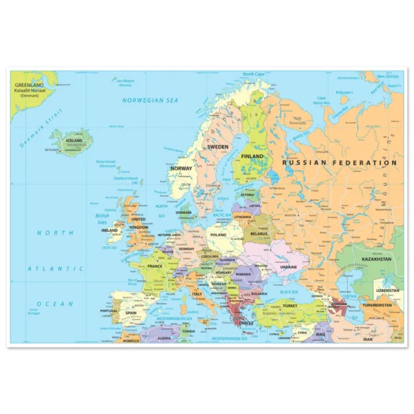 Political map of Europe showing countries, capitals, borders, and major cities.