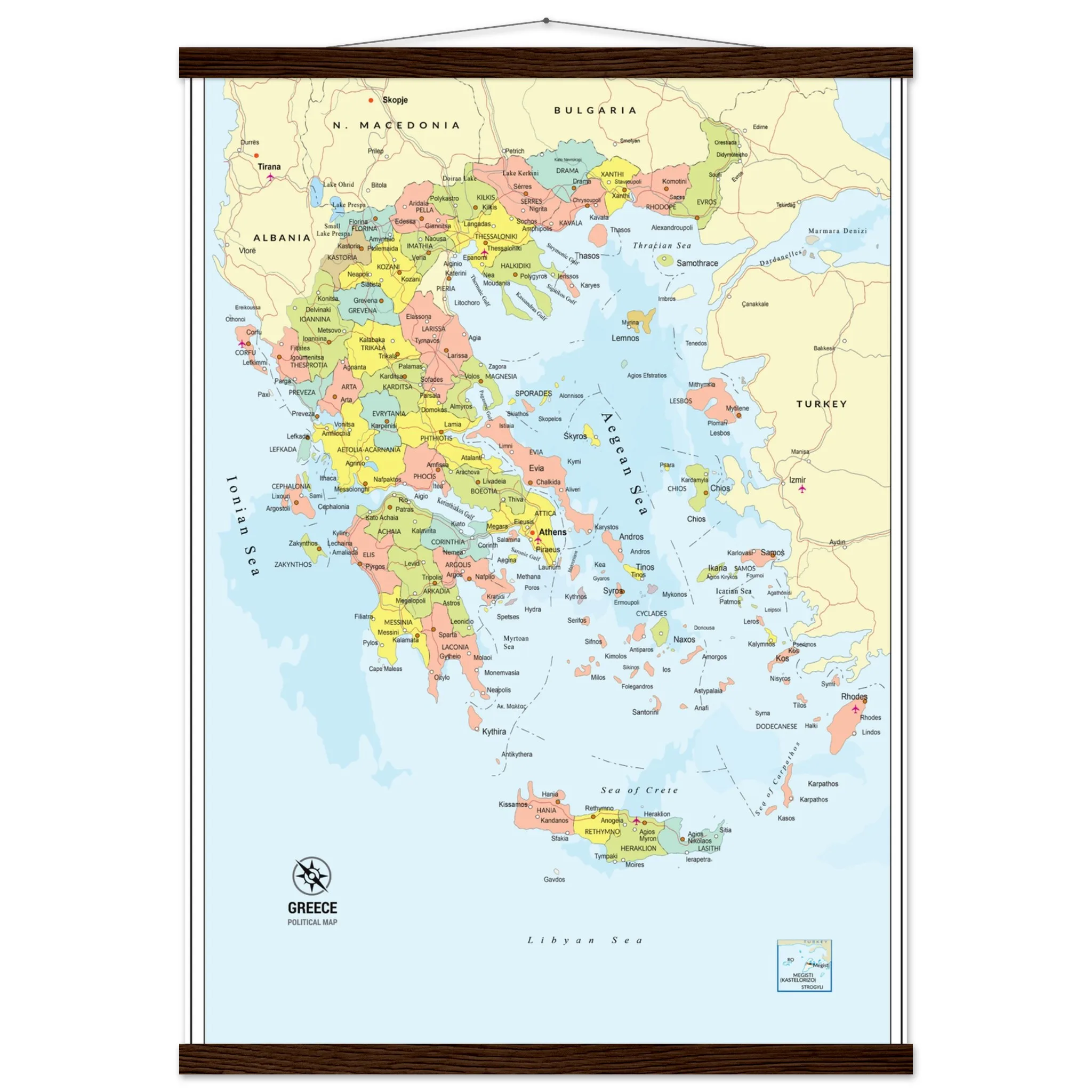 Political Map of Greece with Prefectures & Capitals - Fine Art Framed Poster