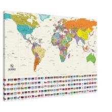 1bc4523b-e452-4443-bee2-674b28a9866f-jpg.webp A colorful world political map on canvas featuring labeled countries and a grid of national flags printed at the bottom.