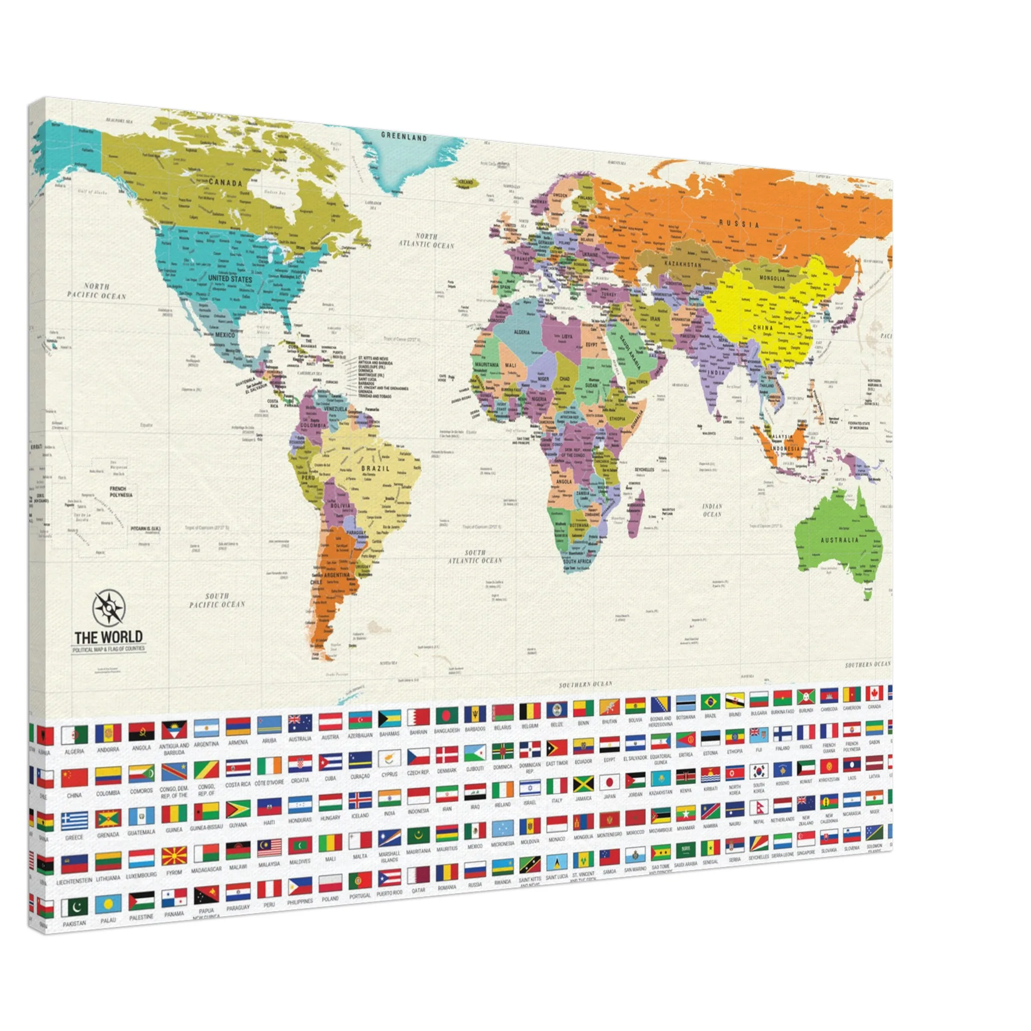 1bc4523b-e452-4443-bee2-674b28a9866f-jpg.webp A colorful world political map on canvas featuring labeled countries and a grid of national flags printed at the bottom.