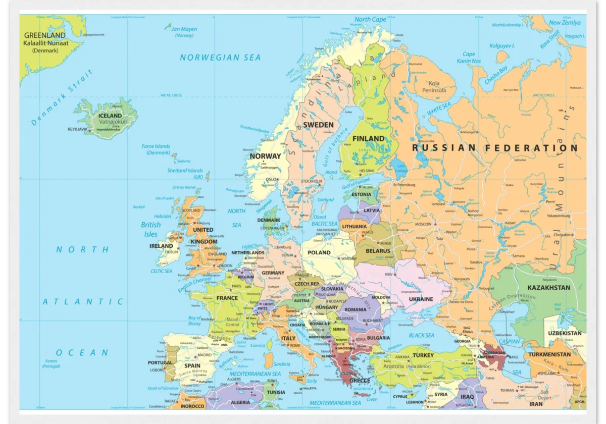 Political map of Europe showing countries, capitals, borders, and major cities. Political map of Europe showing countries, capitals, borders, and major cities.