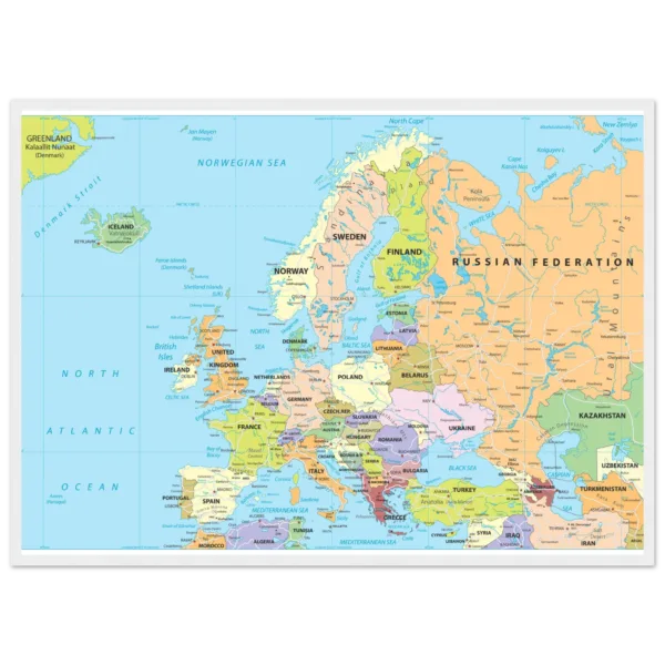 Political map of Europe showing countries, capitals, borders, and major cities.