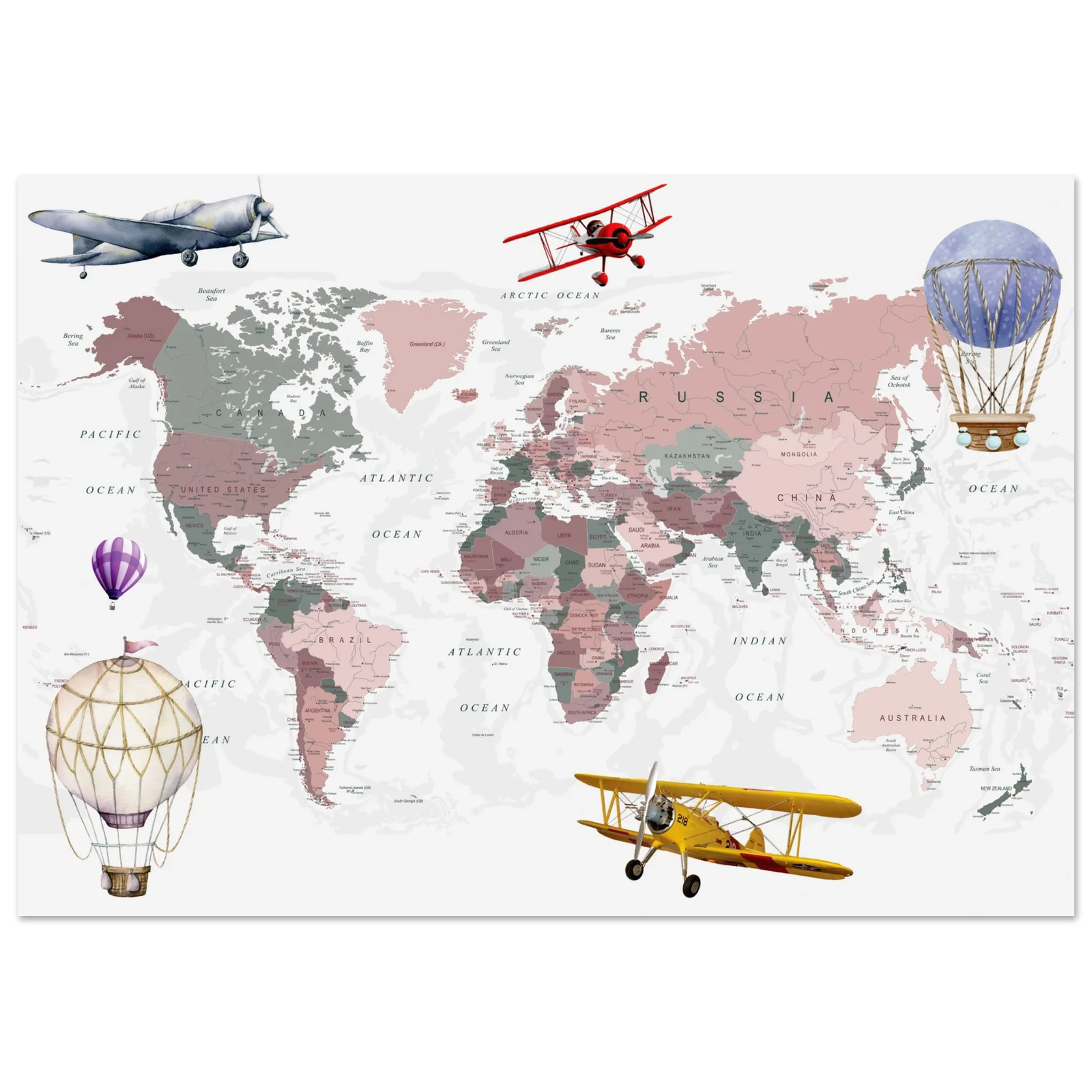 1d486aed-38a6-4221-aa56-afc881486fdb-jpg.webp A world map for children featuring muted pink and green tones, decorated with vintage airplanes and hot air balloons.