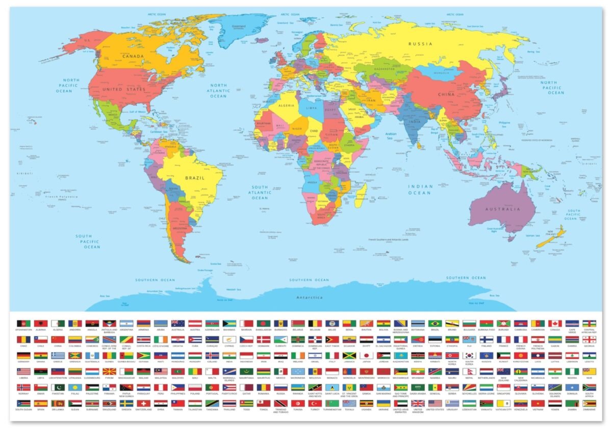 A colorful political world map on a light blue background with a grid of national flags displayed underneath.