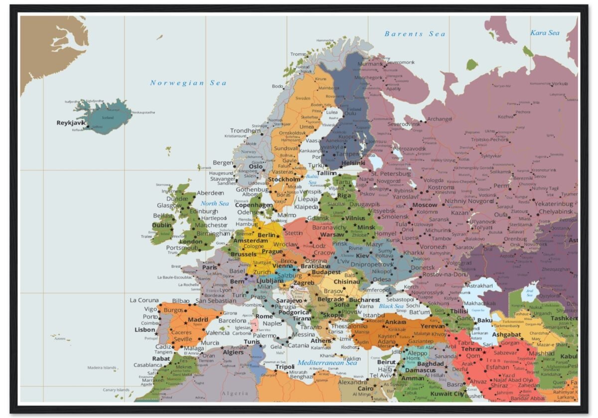 Political map of Europe showing countries, capitals, borders, and major cities. Political map of Europe showing countries, capitals, borders, and major cities.