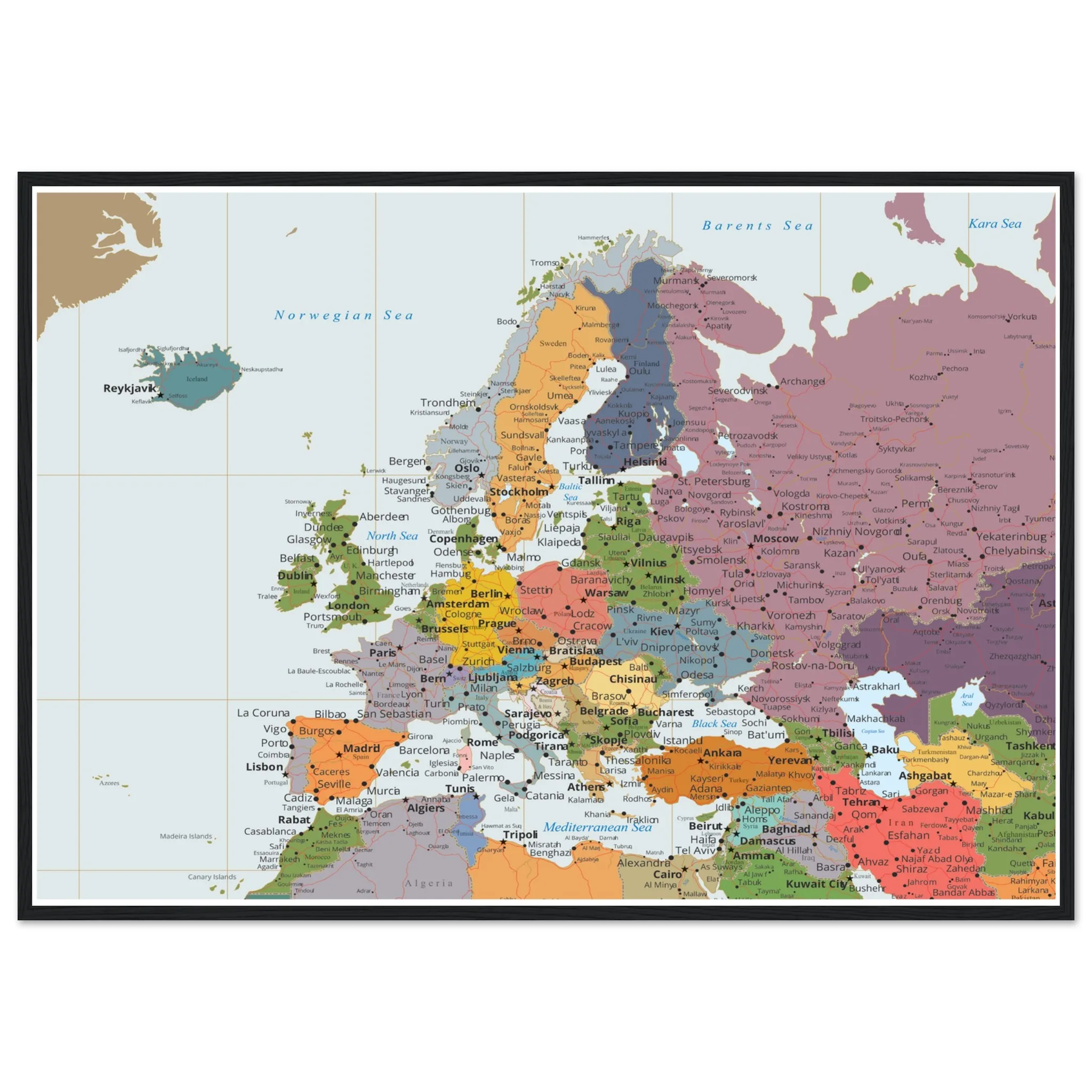 Political map of Europe showing countries, capitals, borders, and major cities.
