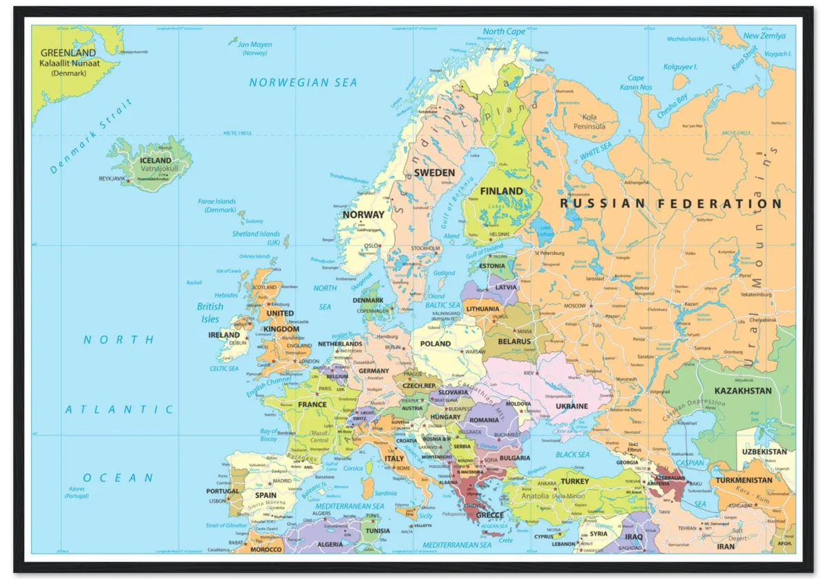 Political map of Europe showing countries, capitals, borders, and major cities. Political map of Europe showing countries, capitals, borders, and major cities.