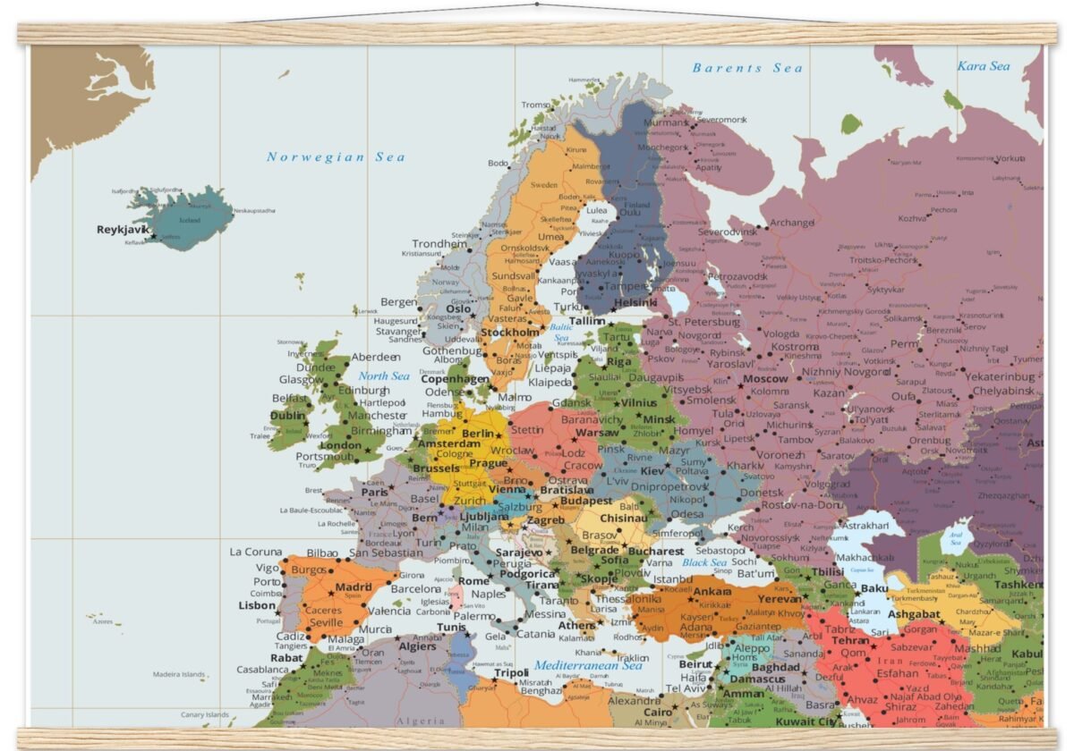 Political map of Europe showing countries, capitals, borders, and major cities.