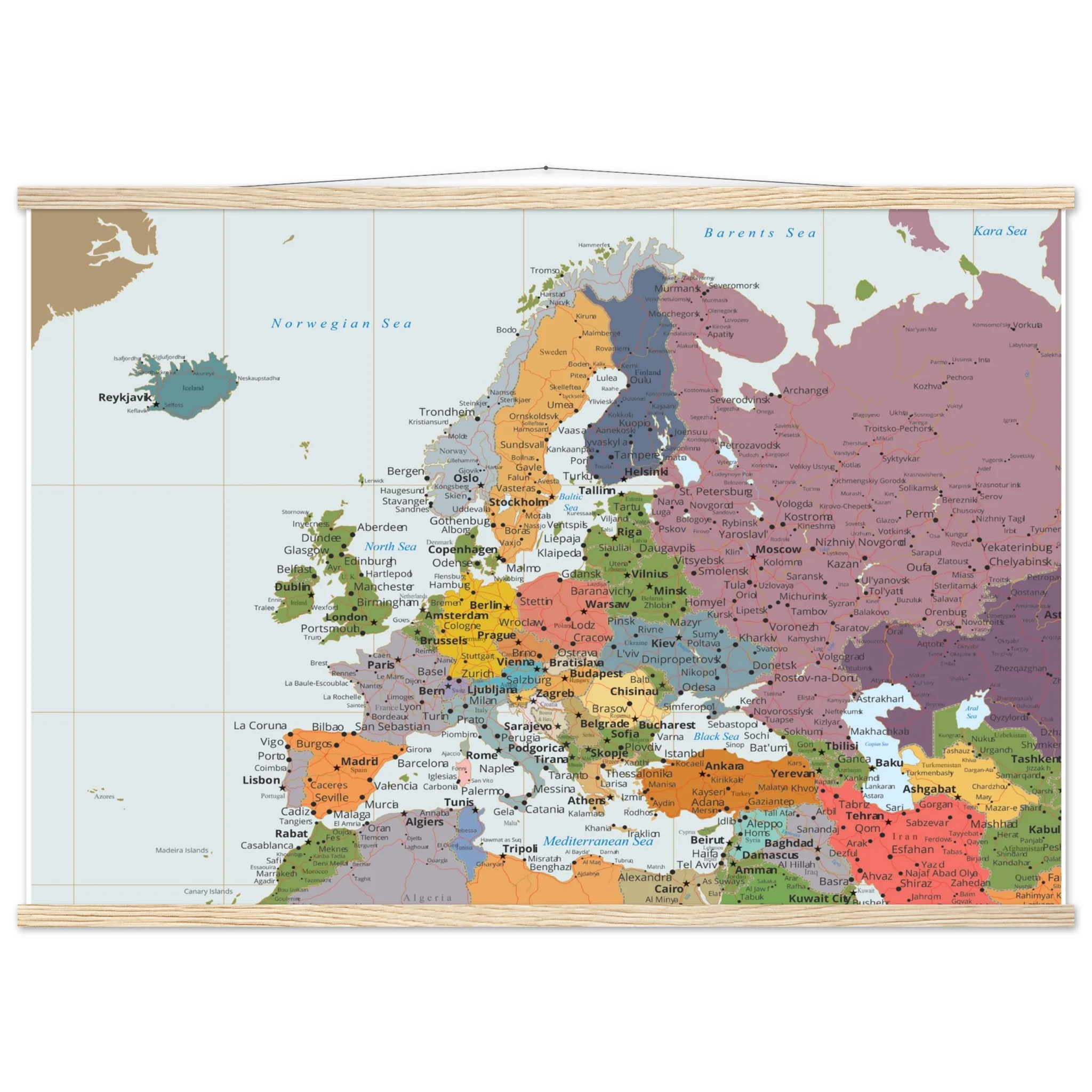 Political map of Europe showing countries, capitals, borders, and major cities.