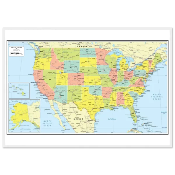 Detailed political map of the United States showing all states, capitals, major cities, and smaller towns.