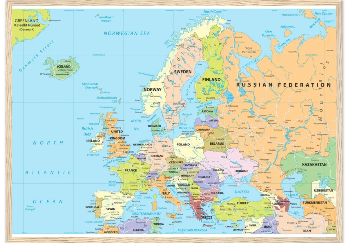 Political map of Europe showing countries, capitals, borders, and major cities. Political map of Europe showing countries, capitals, borders, and major cities.