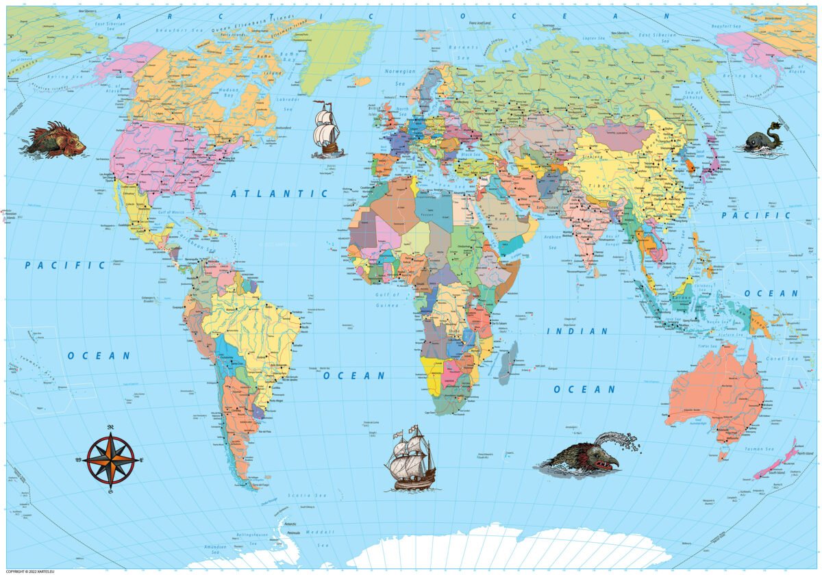Detailed political world map with country capitals, decorative sea monsters, vintage cartographic artwork, and illustrated sailing ships.