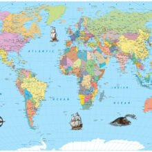 Detailed political world map with country capitals, decorative sea monsters, vintage cartographic artwork, and illustrated sailing ships.