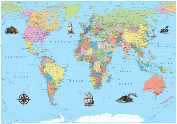 Detailed political world map with country capitals, decorative sea monsters, vintage cartographic artwork, and illustrated sailing ships.