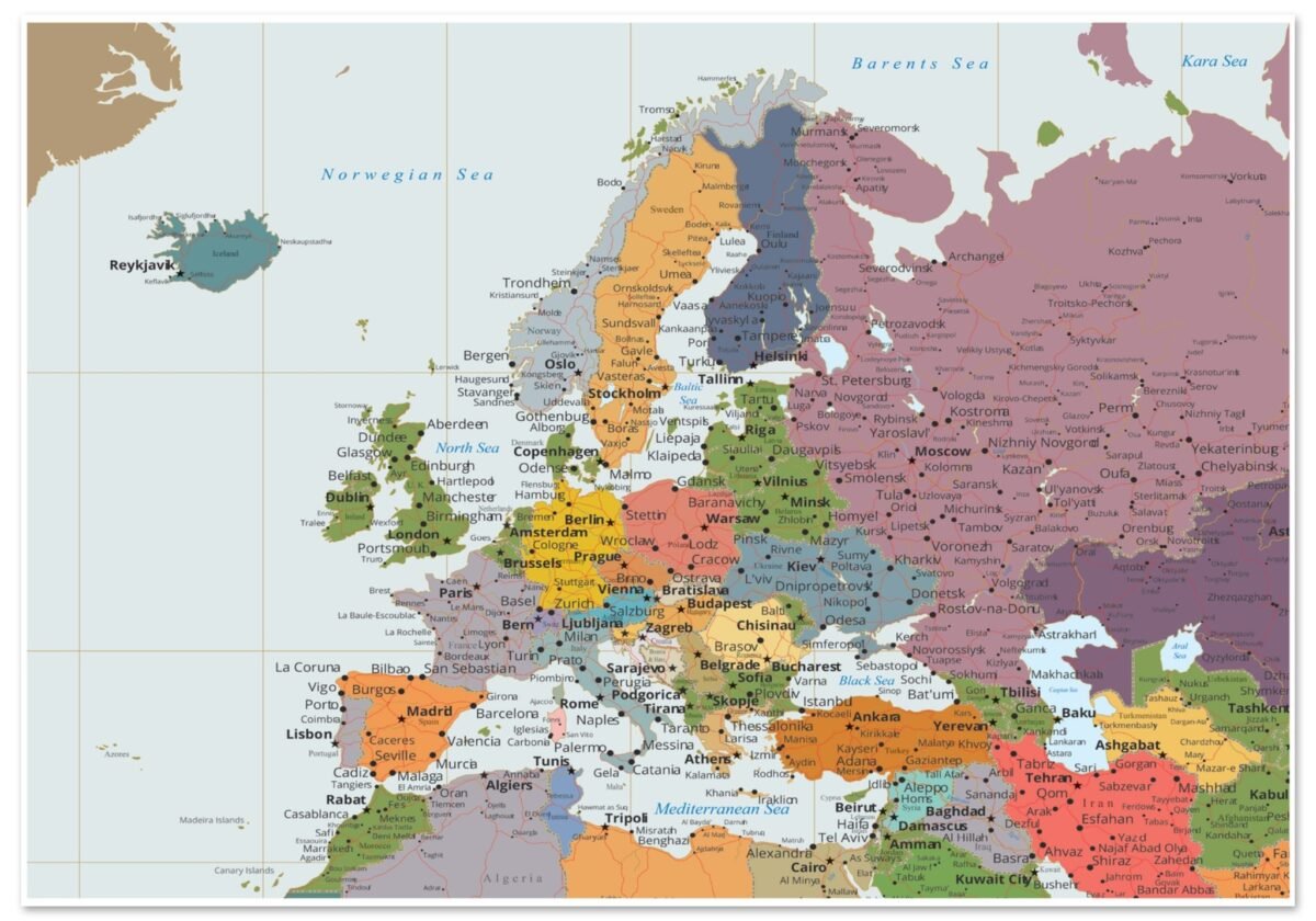 Political map of Europe showing countries, capitals, borders, and major cities. Political map of Europe showing countries, capitals, borders, and major cities.