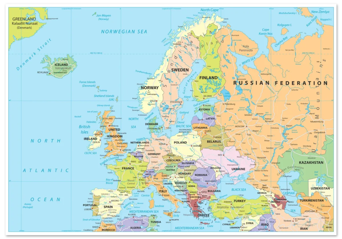 Political map of Europe showing countries, capitals, borders, and major cities. Political map of Europe showing countries, capitals, borders, and major cities.