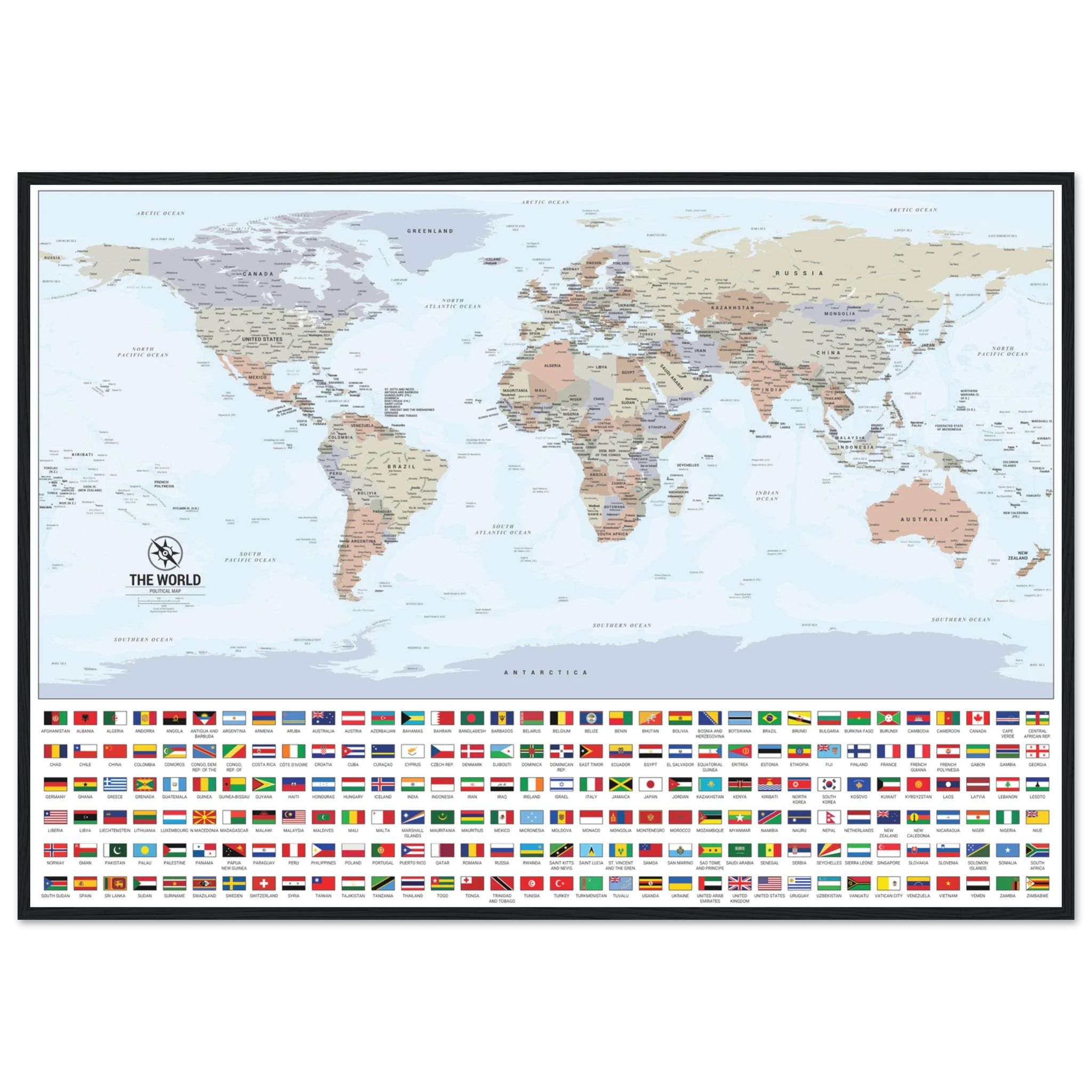 336e9a0b-7060-4611-9641-4389bea9287a.webp A framed world political map with a grid of national flags displayed along the bottom edge on a light blue background.