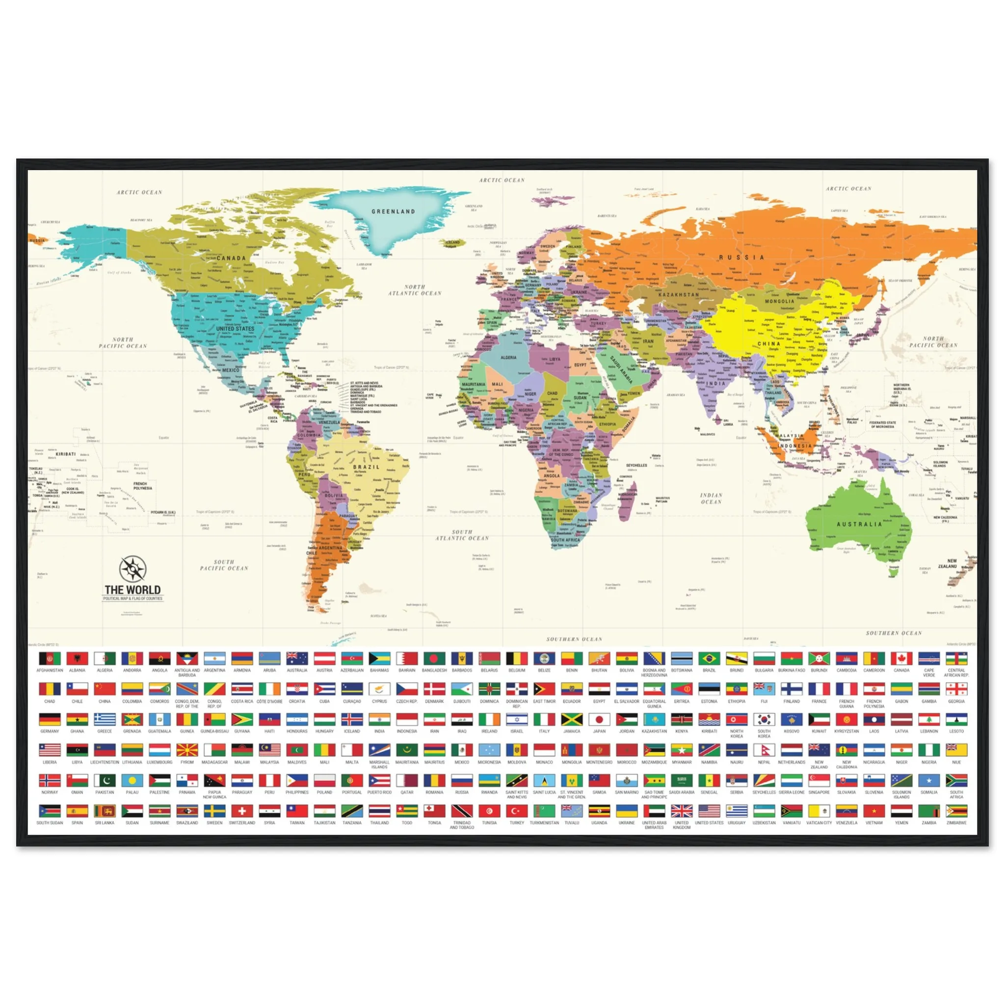 375d80b0-318d-4b7c-a28d-4d1310641b20-jpg.webp A framed world political map with colorful countries and a grid of national flags displayed along the bottom edge.