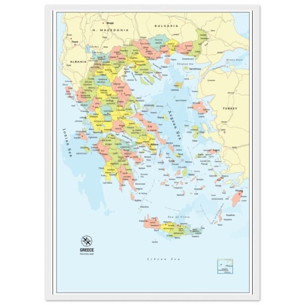 Political Map of Greece with Prefectures & Capitals - Fine Art Framed Poster