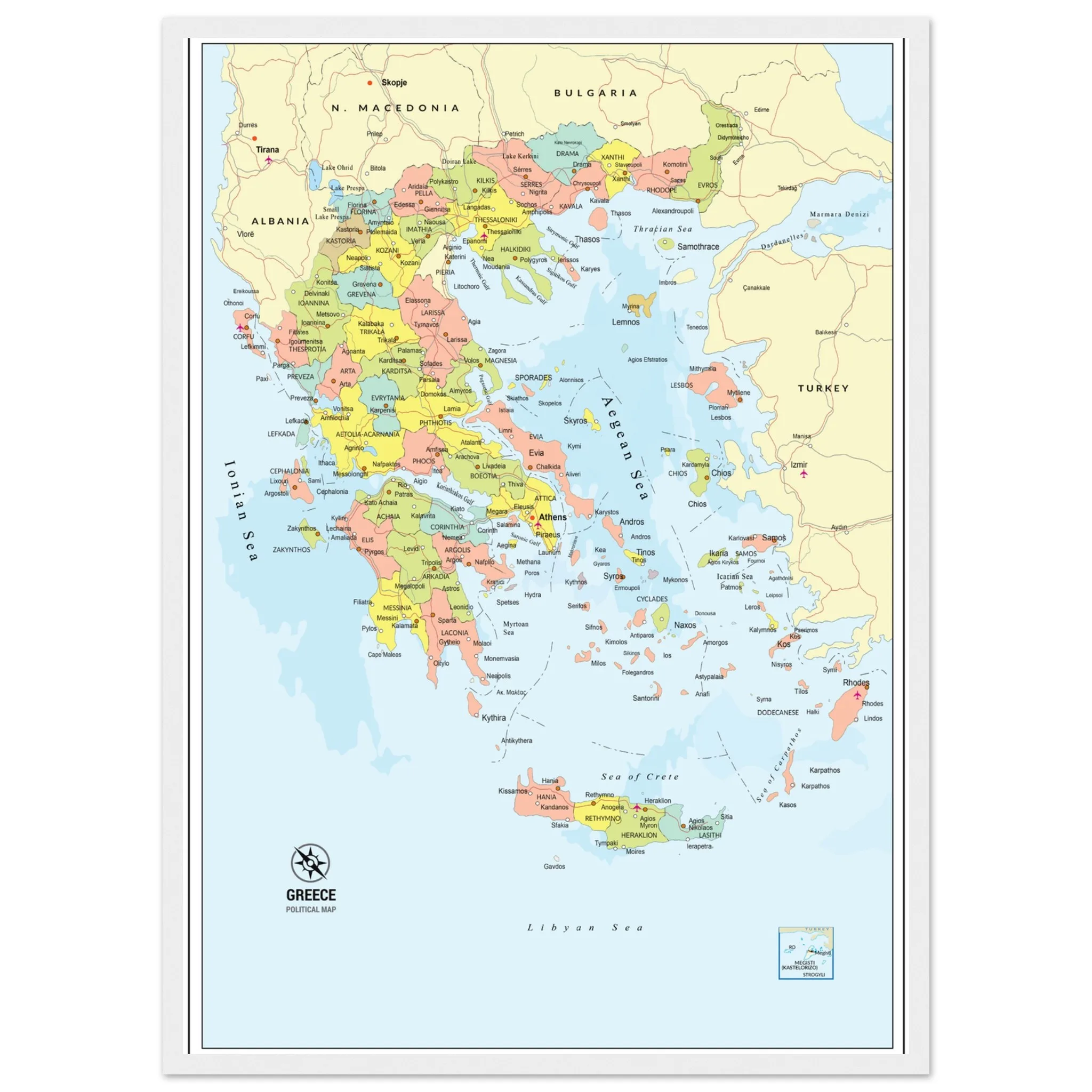 Political Map of Greece with Prefectures & Capitals - Fine Art Framed Poster