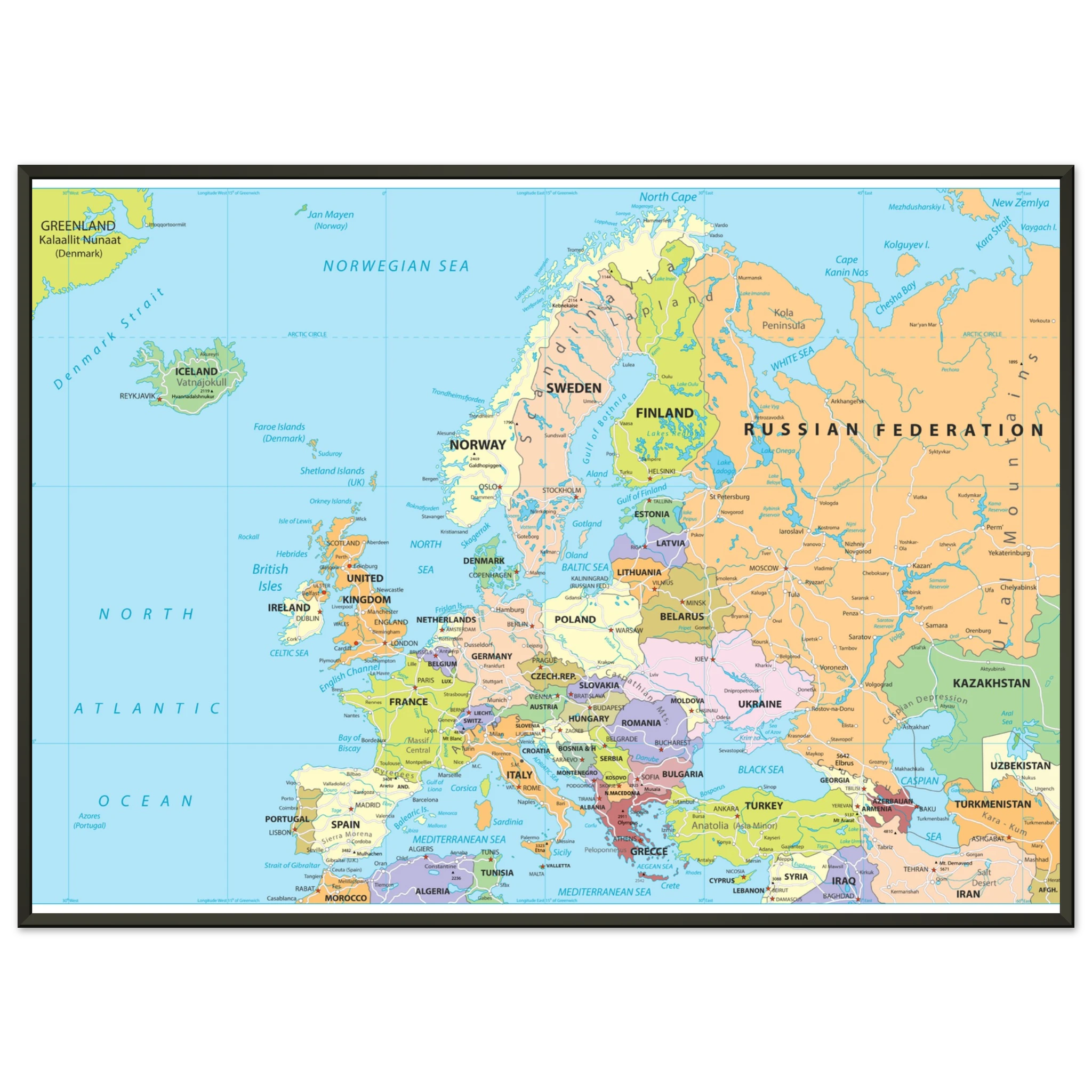 Political map of Europe showing countries, capitals, borders, and major cities. Political map of Europe showing countries, capitals, borders, and major cities.
