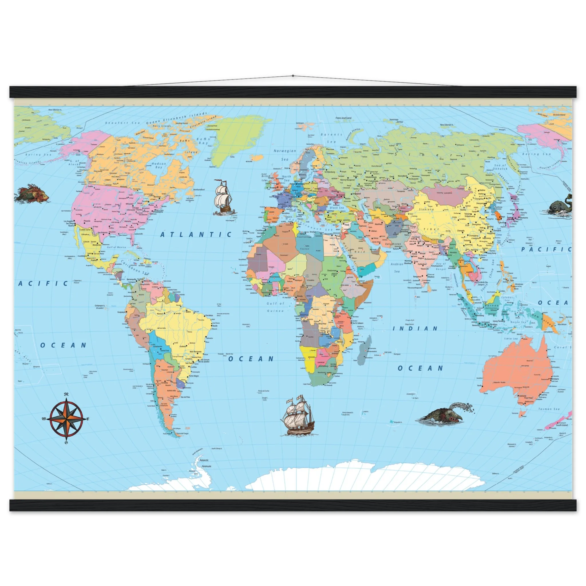 43294d56-5f1e-46cc-88d3-111542fb03d0-jpg.webp A colorful political world map poster with a wooden hanger, featuring illustrations of sailing ships and sea monsters.