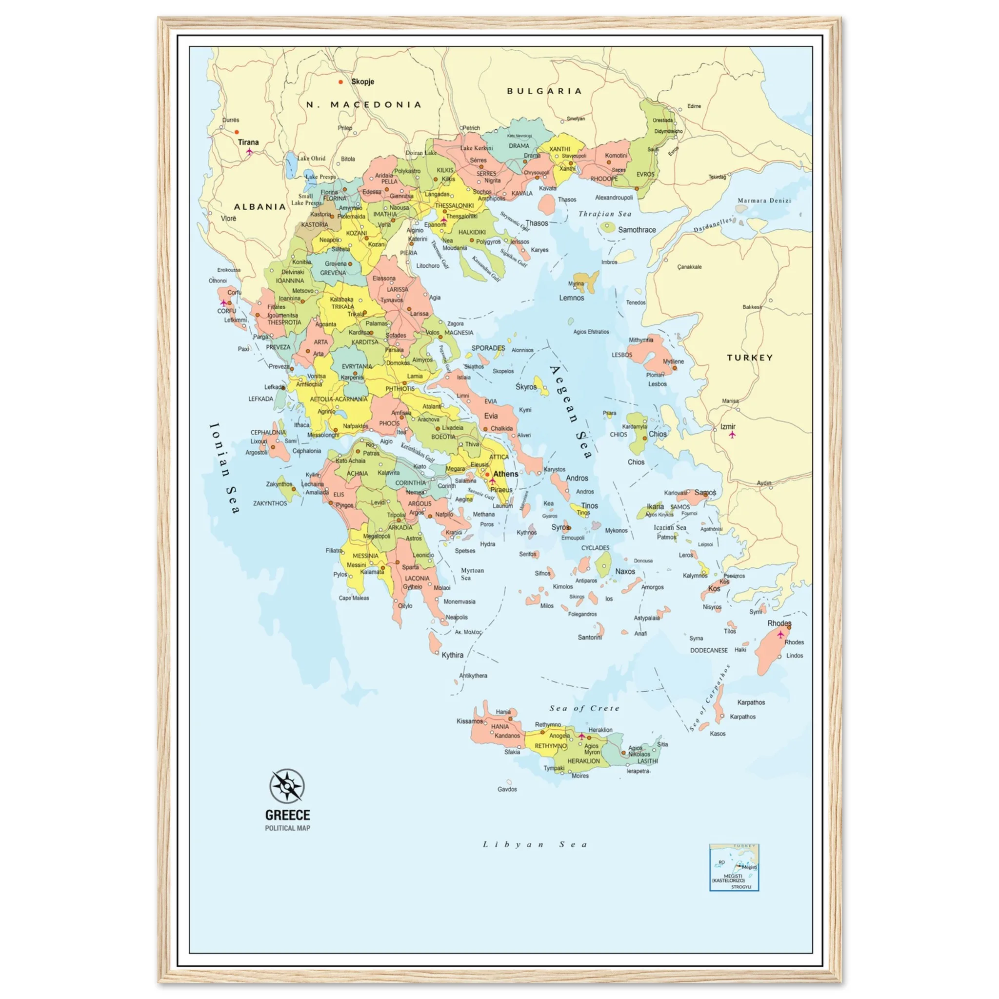 Political Map of Greece with Prefectures & Capitals - Fine Art Framed Poster