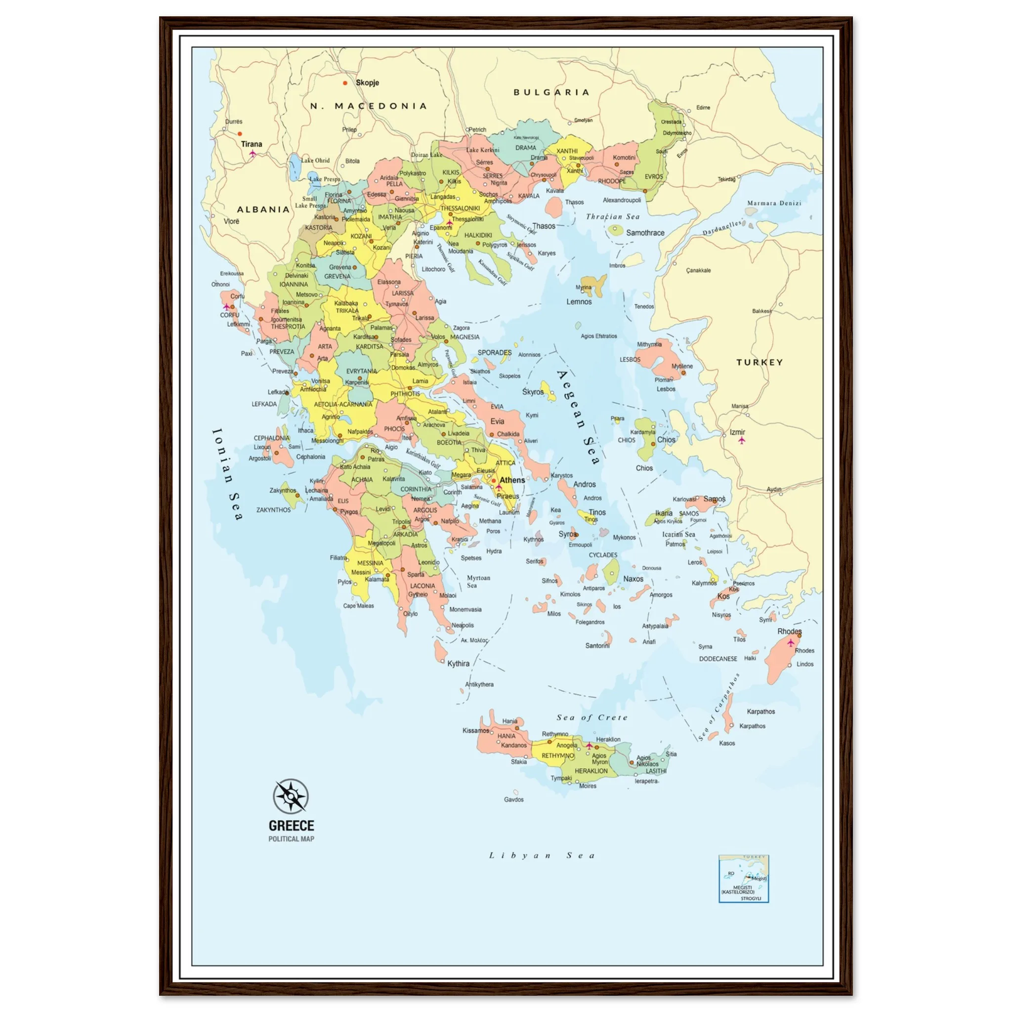 Political Map of Greece with Prefectures & Capitals - Fine Art Framed Poster