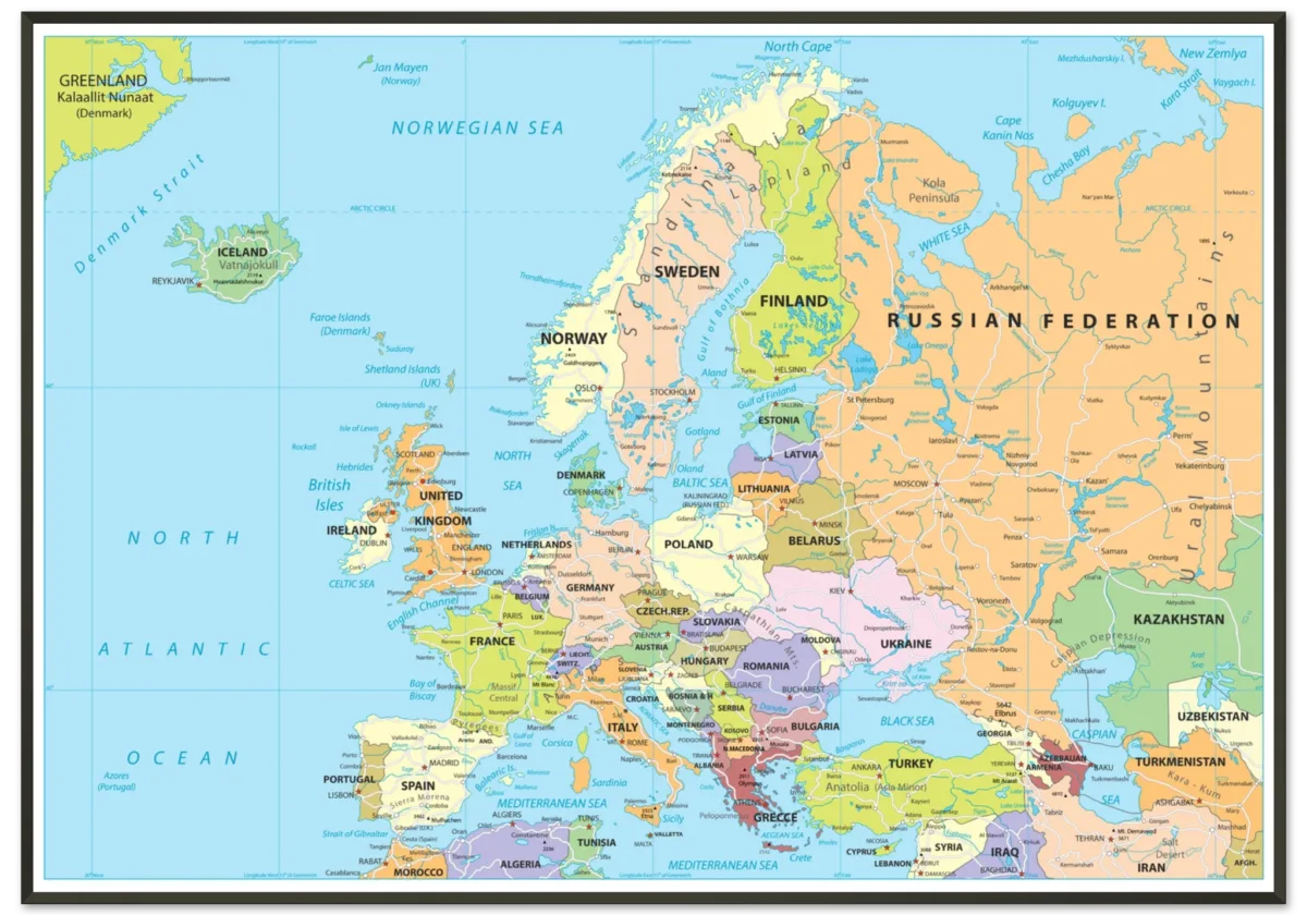 Political map of Europe showing countries, capitals, borders, and major cities. Political map of Europe showing countries, capitals, borders, and major cities.