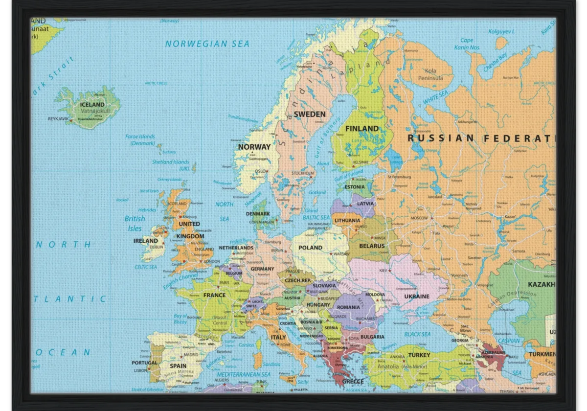 Detailed Political Europe Wall Map Political map of Europe showing countries, capitals, borders, and major cities.