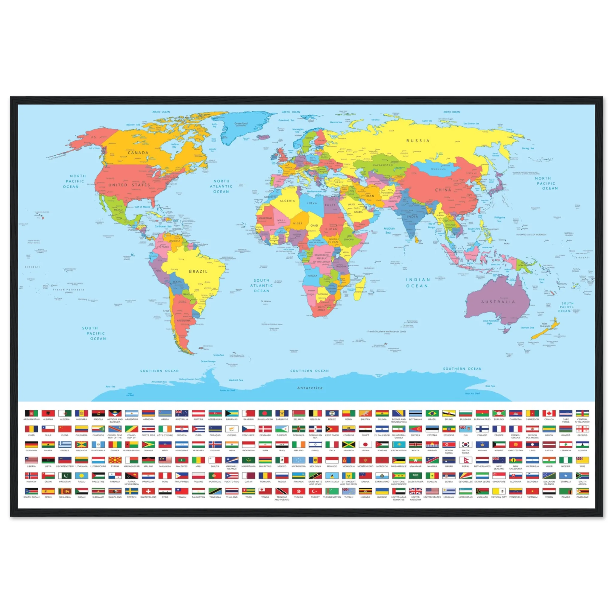 A framed political world map with colorful countries and a grid of national flags displayed at the bottom.