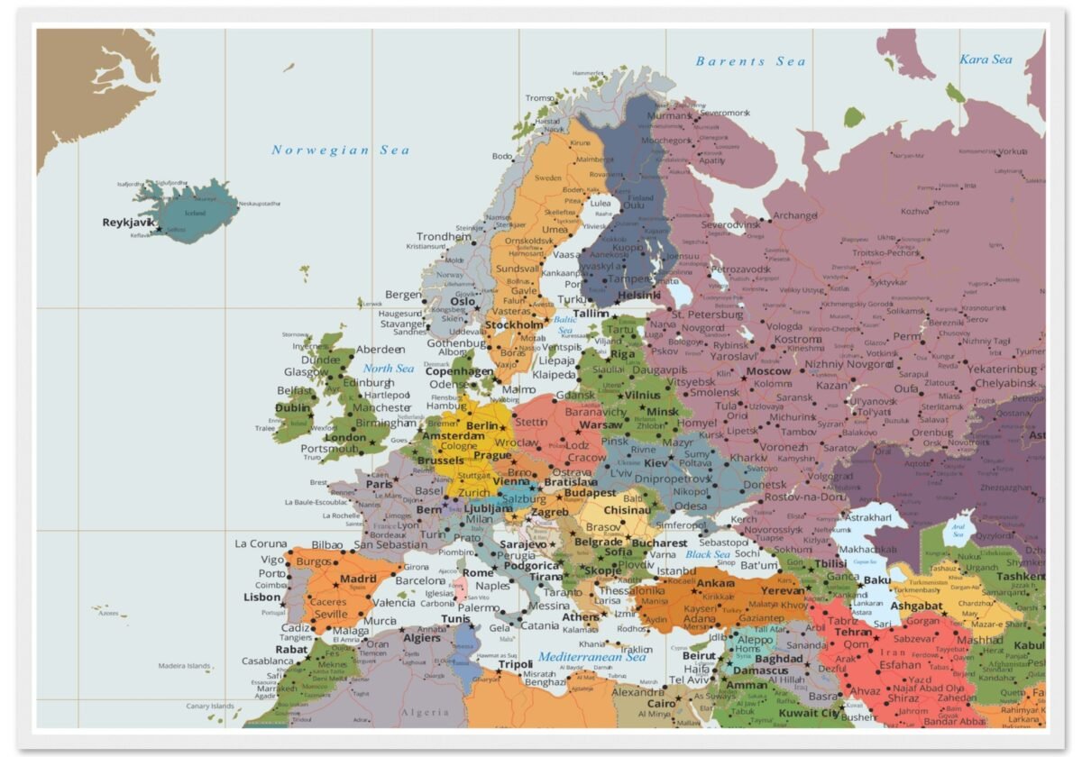Political map of Europe showing countries, capitals, borders, and major cities. Political map of Europe showing countries, capitals, borders, and major cities.