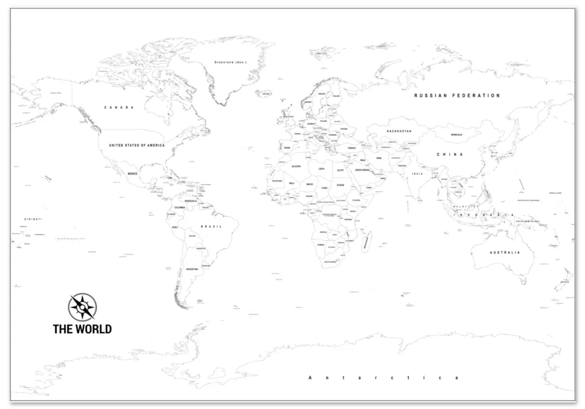 Paint the World – Black & White World Map for Coloring Black and white world map coloring poster for kids printed on premium paper, ready to color with pencils, crayons, or markers.