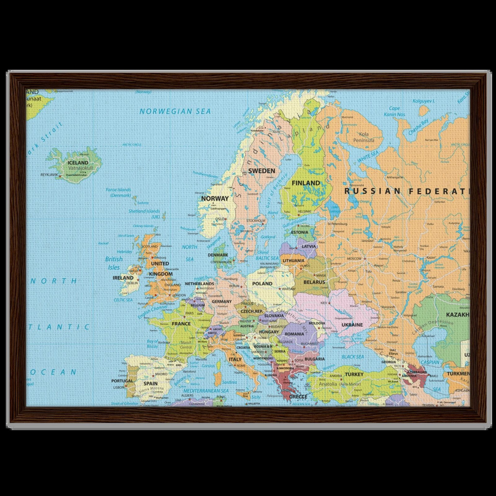 Political map of Europe showing countries, capitals, borders, and major cities.