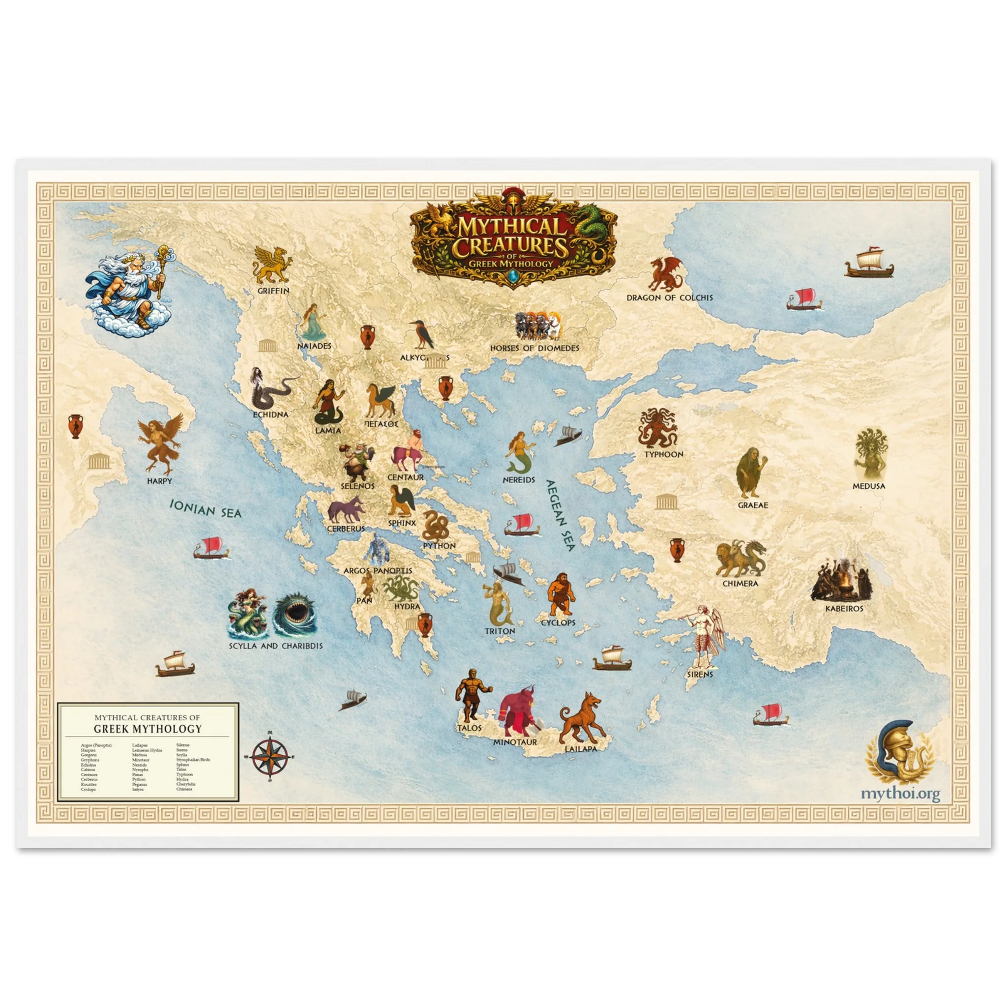 Mythical Creatures of Ancient Greece Map – Illustrated Greek Mythology