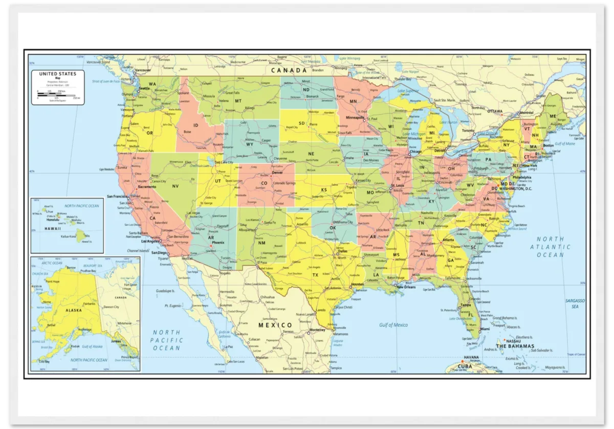 Detailed political map of the United States showing all states, capitals, major cities, and smaller towns.