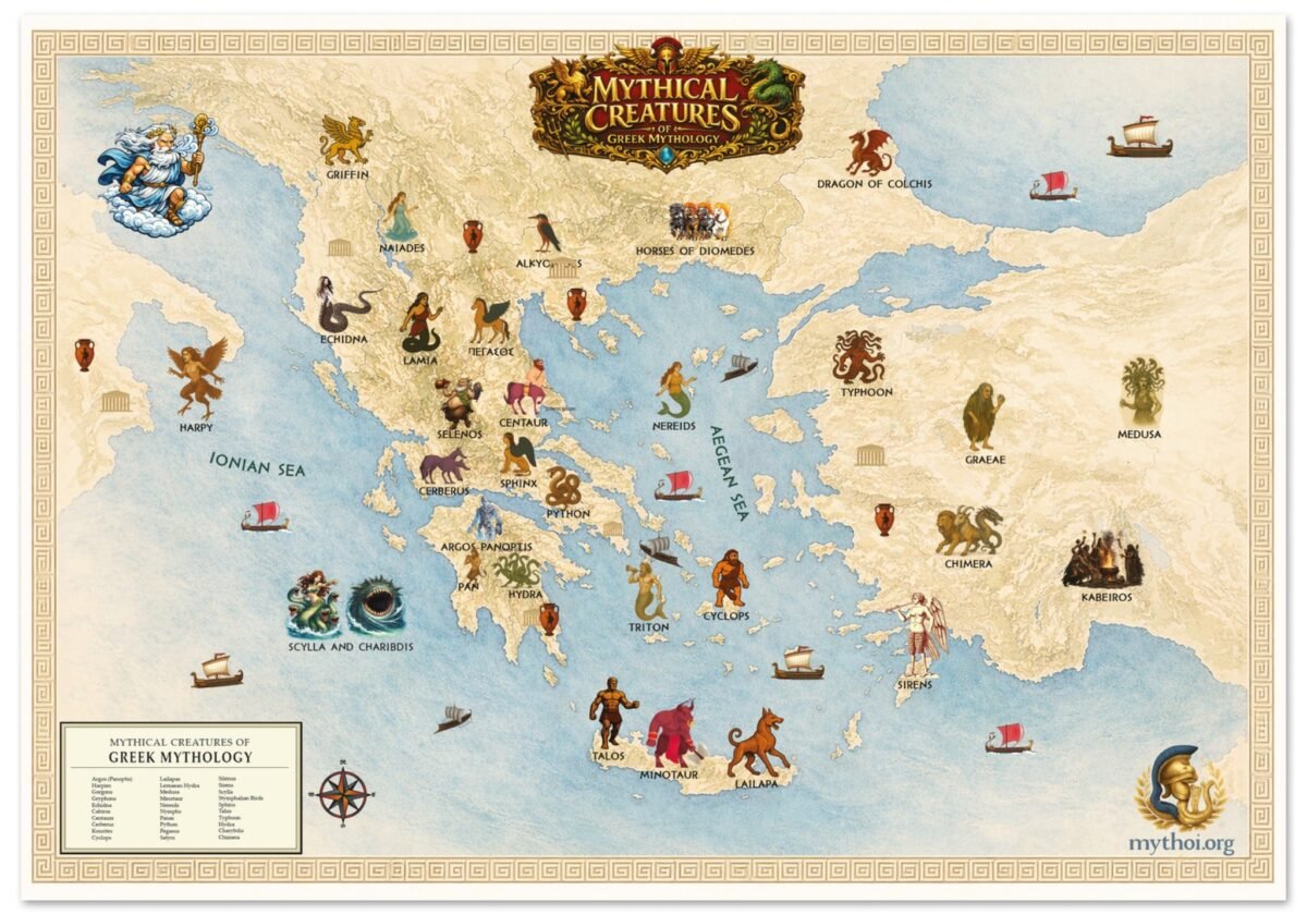 Mythical Creatures of Ancient Greece Map – Illustrated Greek Mythology Wall Art - Fine Art Poster