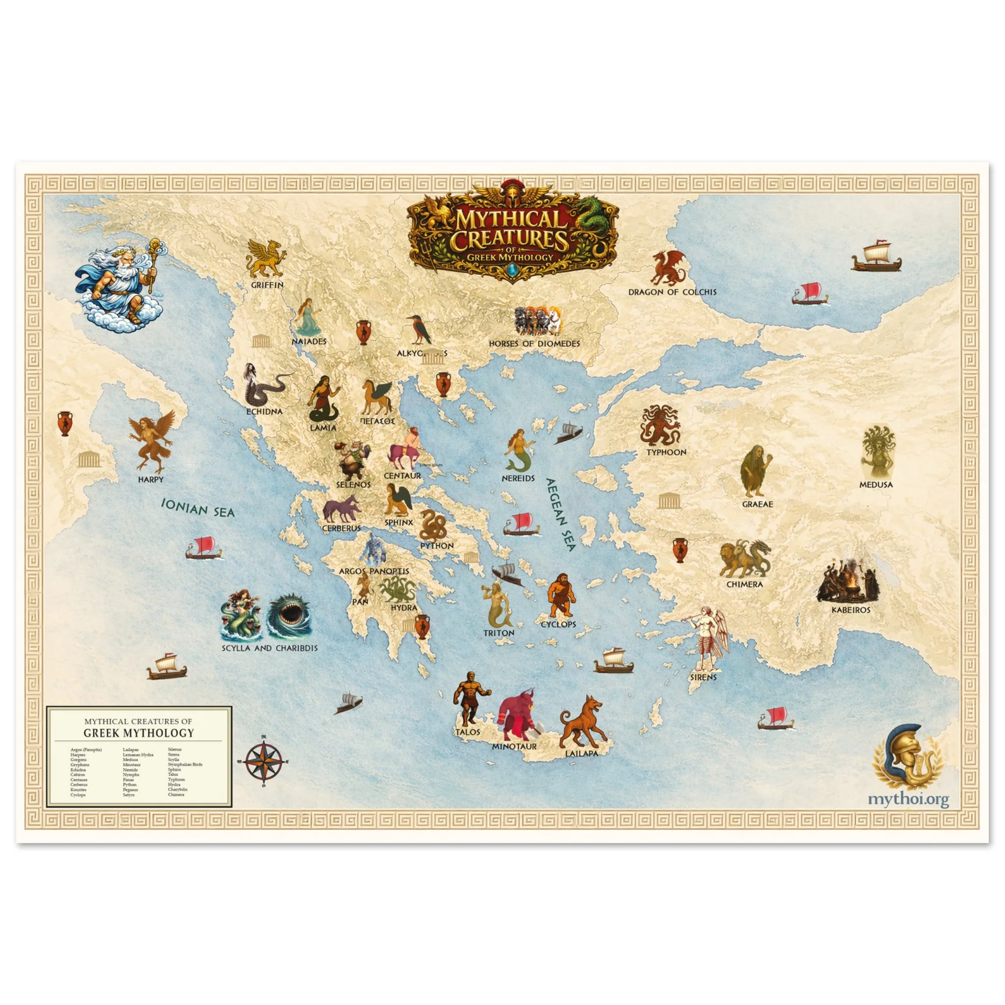 Mythical Creatures of Ancient Greece Map – Illustrated Greek Mythology Wall Art - Fine Art Poster